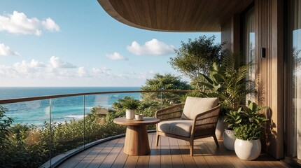 Fototapeta premium Empty balcony with armchair, small table, and potted plants offers ocean view. Relaxing outdoor space with sea, sky, and green foliage. Perfect for vacation.