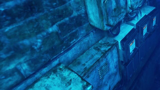 A wall covered in water with metal boxes seen in a dark underwater space. The area appears abandoned and is filled with debris. Light filters in from above.