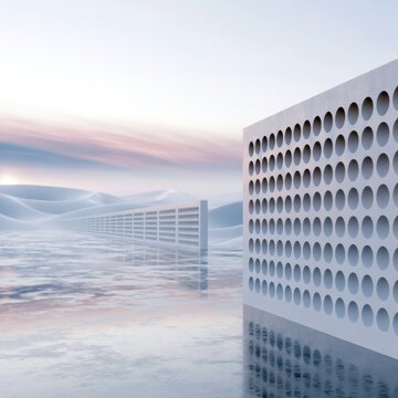 Endless white perforated wall extending across a reflective icy landscape under a soft pastel sky at dawn in a surreal minimalistic setting