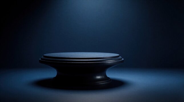 Sleek dark pedestal sits central on nondescript floor. Illumination from above casts gentle halo, emphasizing clean lines, minimalist appeal. Shallow depth, muted blues embrace form, sculptural
