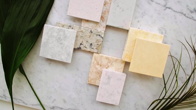 High angle view of various quartz, granite, and marble stone samples arranged on marble countertop. Material swatches display for interior design planning, kitchen renovation, and architecture.
