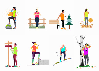 Fototapeta premium Set of flat vector illustrations depicting active people engaged in outdoor exercises, hiking, and fitness activities in various natural environments.
