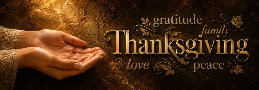 Thanksgiving Word Cloud Website Banner - Female cupped hands alongside a golden 'Thanksgiving' word surrounded by a relevant word cloud on a warm dark golden  stone effect background