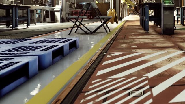 A manufacturing area shows a blue pallet on the ground with a chair nearby. Machinery and workstations are visible in the background. The floor has yellow lines and caution markings.