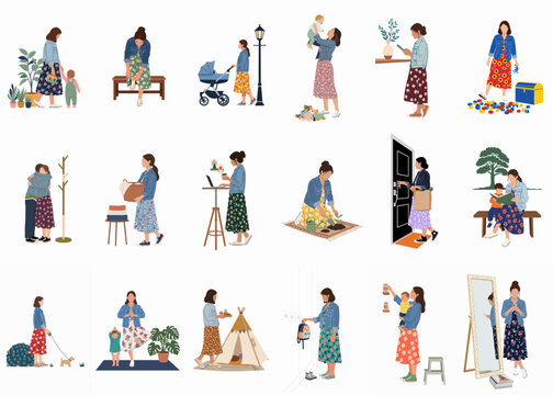 Diverse set of lifestyle illustrations depicting a woman in various daily routines like parenting, working, exercising, and household tasks, isolated on white background.