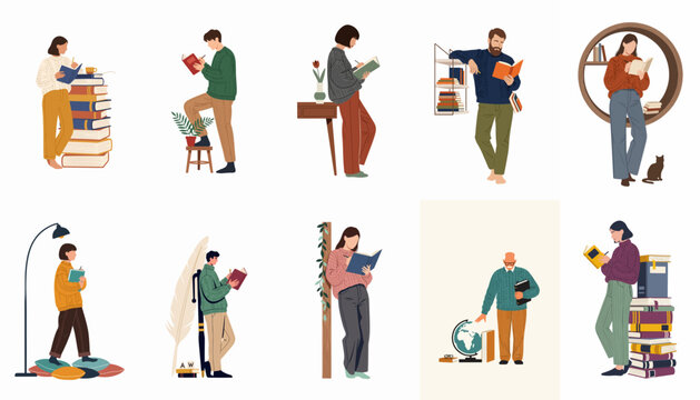 Set of flat vector illustrations featuring men and women of various ages reading books in different environments and postures.