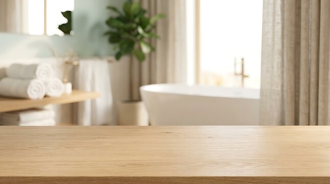 Empty wooden table top in modern blurred bathroom interior for product display showcase with bright natural sunlight.