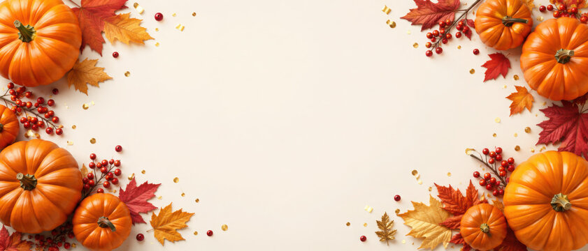 Thanksgiving day banner. Festive background with realistic 3d orange pumpkins, fall foliage. Horizontal holiday poster, header for website. Flat top view. Vector illustration
