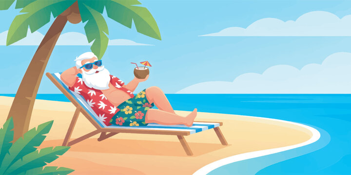 Santa Claus relaxing on a tropical beach with a coconut drink.