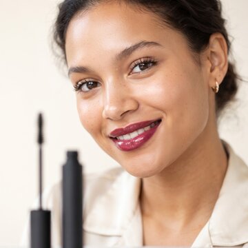 Woman with natural makeup and mascara, beauty product advertising portrait.