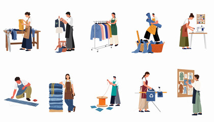 Fototapeta premium Flat vector illustrations of people in various stages of denim garment production, including sewing, tailoring, and upcycling for sustainable fashion.
