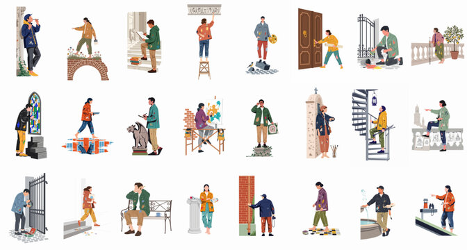 Large collection of flat vector illustrations of people in diverse urban and architectural scenes for architectural visualization and design projects.