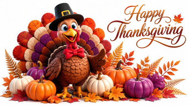 Happy thanksgiving greeting with a cartoon turkey and pumpkins, isolated on transparent background