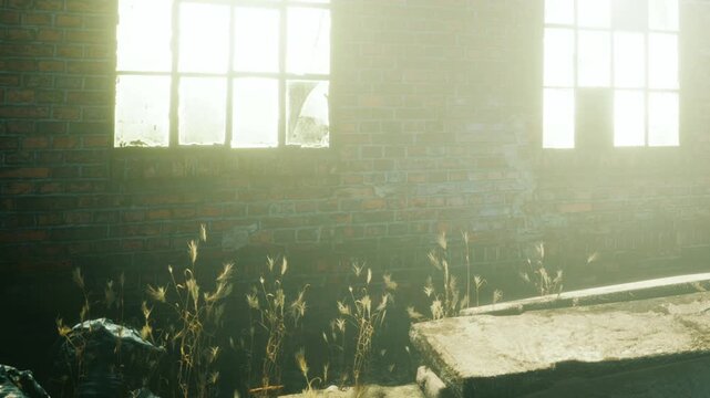 Sunlight enters an old building with broken windows. Trash bags and debris are scattered on the floor. Weeds grow among the ruins, showing nature reclaiming the space.