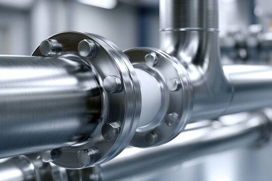 Detailed view of industrial stainless steel pipes and flanges with bolts in a clean modern facility focused on precision engineering and manufacturing
