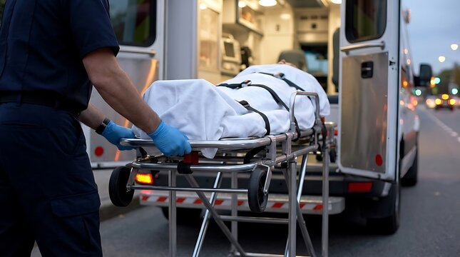 Paramedic loading patient on stretcher into ambulance at night.