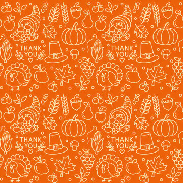 Thanksgiving elements on orange background. Seamless pattern for wallpaper, web sites,wrapping paper,for fashion prints, fabric, design.
