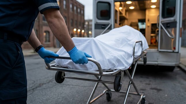 Paramedic Transporting Deceased Person on Stretcher from Ambulance.