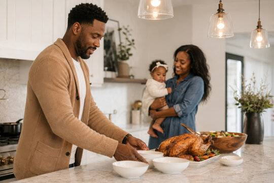Black father preparing meal for thanksgiving family dinner