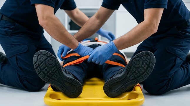 Paramedics securing a patient to a stretcher for transport to the hospital.