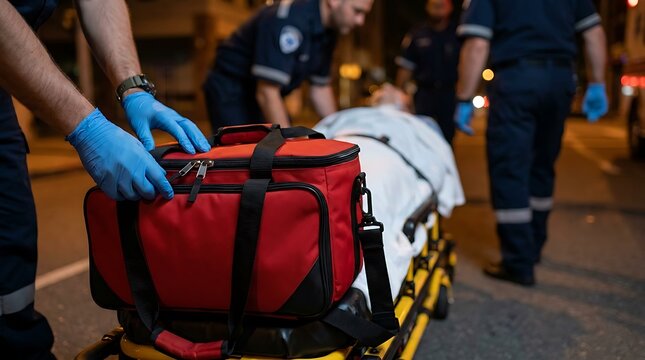 Paramedics Transporting Injured Patient on Stretcher at Night.