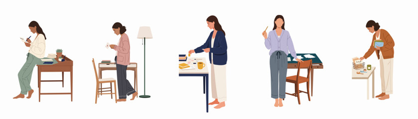 Obraz premium A collection of flat illustrations showing various women engaged in daily activities, working from home, and household tasks in a minimal style.