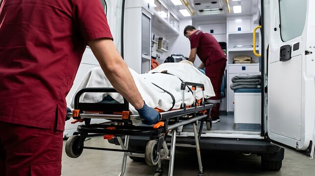 Paramedics Transporting Patient on Stretcher into Ambulance.