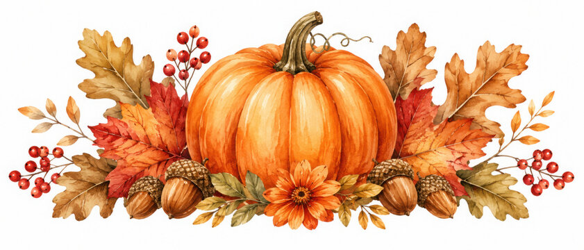 Watercolor pumpkin autumn thanksgiving fall holiday design. Floral composition orange plant card