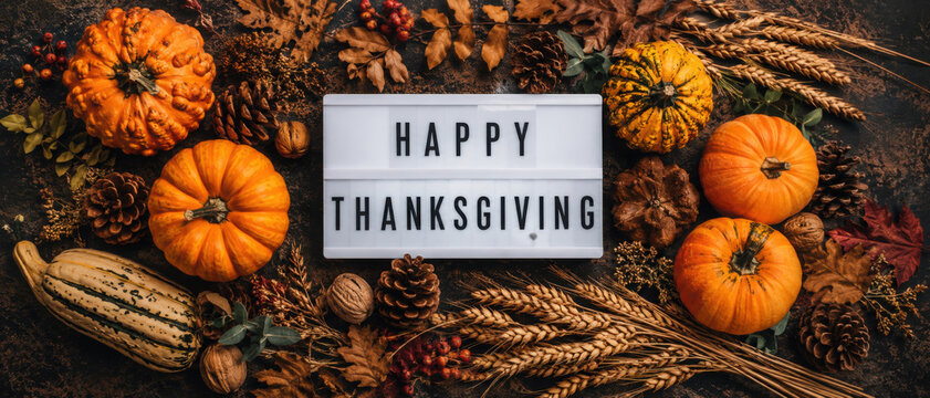 Autumn fall thanksgiving day composition with decorative pumpkins, banner