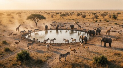 Naklejka premium Wide savanna panorama shows many wild animals including elephants giraffes zebras and antelopes drinking water from central watering hole at sunset. Diverse African fauna coexist peacefully near pond.