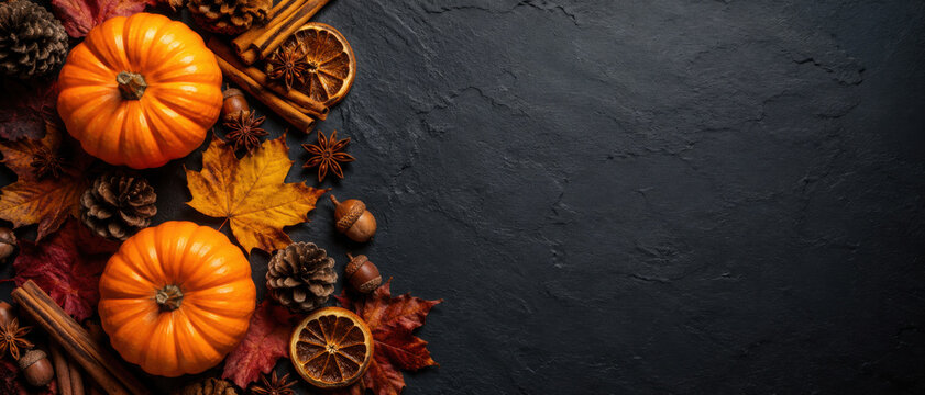 Autumn leaves, pumpkin, pine cones and nuts on black background with copy space. Thanksgiving concept. Flat lay, layout, room for text