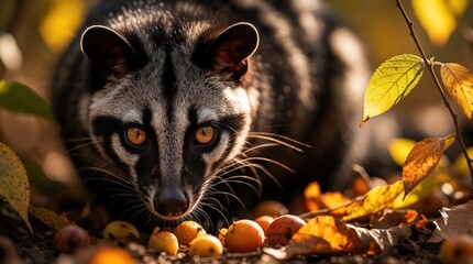 Naklejka premium Close up portrait of wild palm civet foraging for fruit on forest floor. Small nocturnal mammal with unique black, white fur markings searches for food among autumn leaves. Cute animal looks at