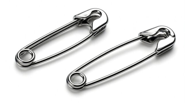 Two shiny metal safety pins, one closed and one open, rest on a white background. Simple, clean objects used for fastening or temporary mending.