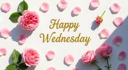 Obraz premium Happy Wednesday greeting card with pink roses and petals on white background.