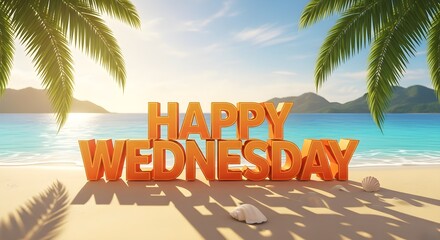 Fototapeta premium Happy Wednesday 3D text on a beautiful tropical beach with palm trees and ocean.