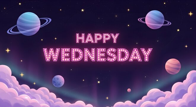 Happy Wednesday banner with space theme and planets.