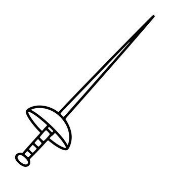 Minimalist black and white vector icon illustration of a professional fencing sword foil or epee featuring a sleek blade and protective bell guard for competitive sports training and combat.