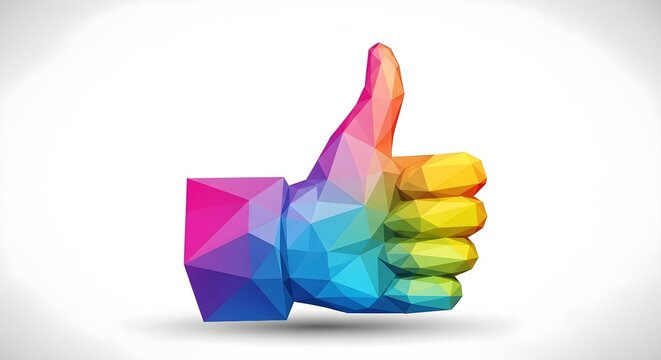 Low poly 3d illustration of a colorful hand showing thumbs up.