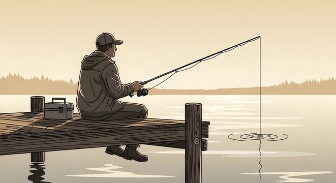 Man Sitting On Wooden Dock Fishing In Calm Lake Water At Sunrise Illustration.