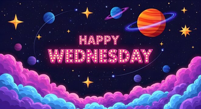 Neon illuminated Happy Wednesday text amidst cosmic space clouds and glowing planets.