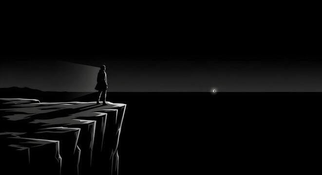 Pixel art silhouette of a figure standing on a cliff edge looking into a dark void.