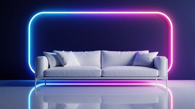 Modern white sofa with pillows sits in front of glowing neon light frame. Minimalist furniture interior features vibrant blue, pink illumination on glossy floor. Futuristic lounge space with colorful