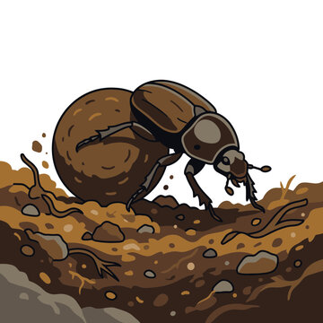 Dung beetle pushing dung ball vector illustration. SVG Editable. Vector Illustrations.