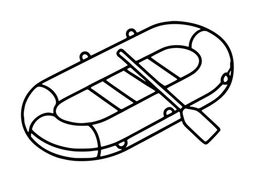 Minimalist inflatable raft vector icon featuring a single oar. This clean line art illustration represents water sports, rafting, and outdoor adventure, perfect for travel and transport designs.