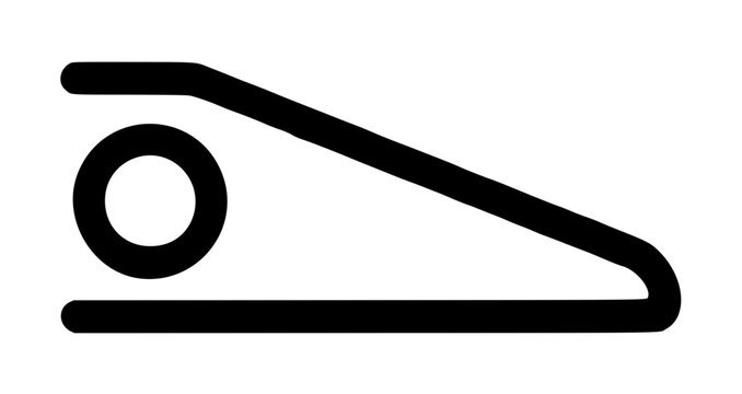 Minimalist black and white vector icon of a ramp or wedge shape with a circular hole, ideal for industrial design, technical diagrams, architectural symbols, and simple graphic interface elements.