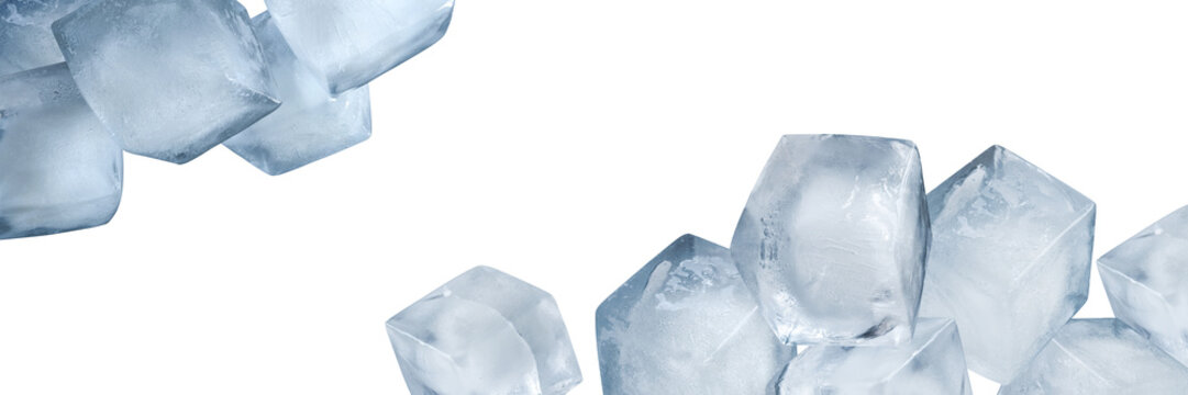Many big ice cubes banner isolated on transparent background. Cold drink frame design PNG. Food element border close up. Photo for tea, summer cocktail packaging. Low temperature concept. Minus degree