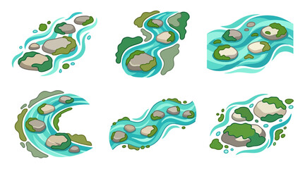 Obraz premium Stylized vector graphic collection featuring flowing blue river streams with smooth mossy stones and rocks
