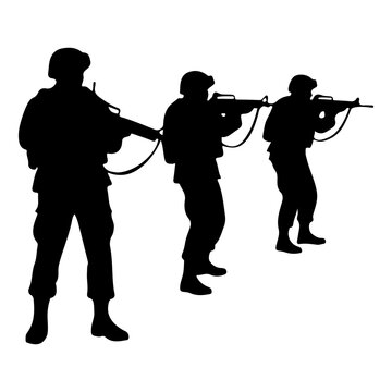 Silhouettes of Soldiers in Combat Stance with Rifles.