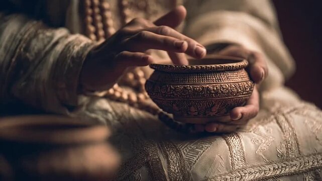Hands holding a traditional textured ceramic bowl.
