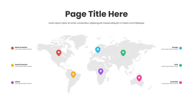 presentation infographic page. landscape slide on white background. world map with pins.